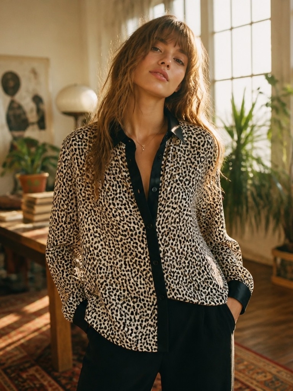 Chico's Beige and Black Leopard Print Button-Down Shirt
